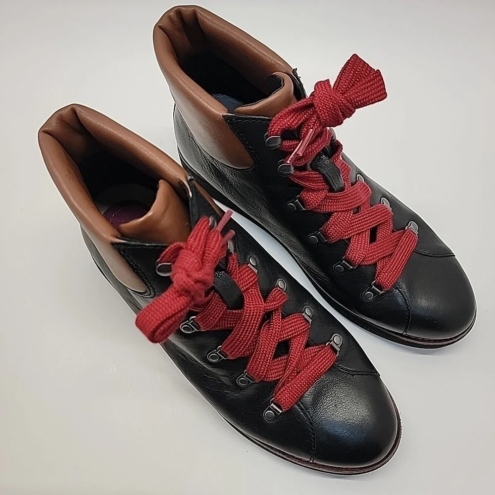 BIONICA Natick Ankle Boots Women 10M Hiking LaceUp Black Brown Leather Red Laces